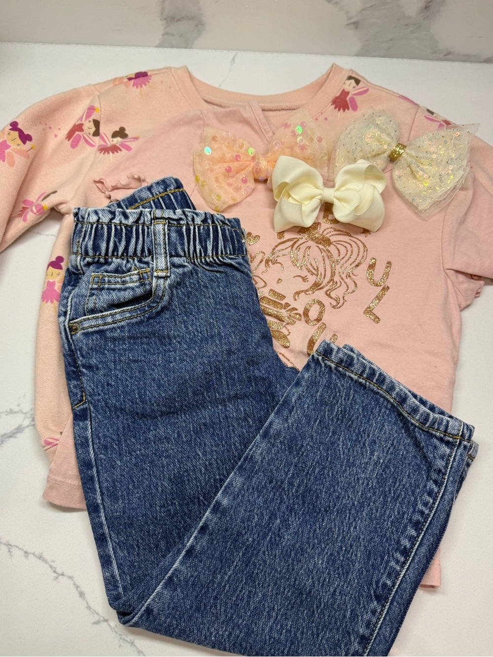 Girls Pink Graphic Top with Blue Denim Jeans
